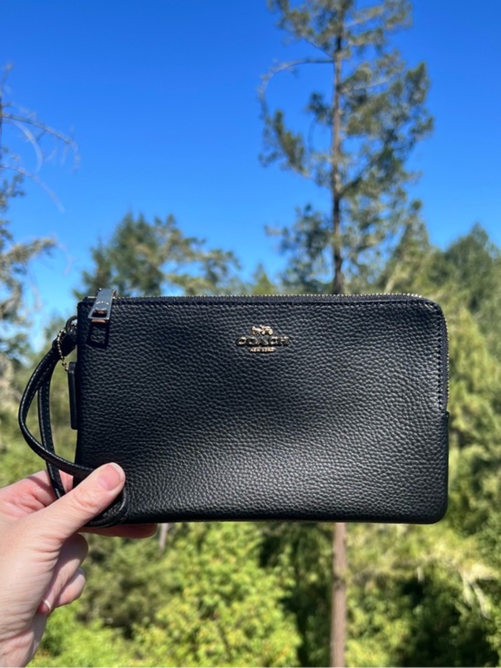 COACH Double Zip Wristlet Phone Clutch Wallet Black with Gold Hardware AUTHENTIC